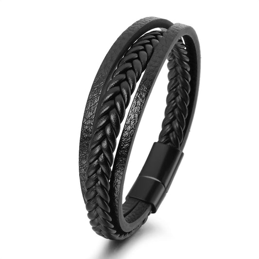 Premium Men’s Braided Leather Bracelet – Stainless Steel Magnetic Clasp